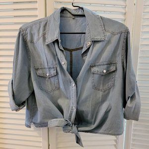 Women's 3/4 Sleeve, Front Tie, Denim, Crop Chambray Shirt